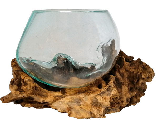 Mundgeblasenes Glas auf Wurzelholz  Ø 12-17 cm, Höhe ca. 20-25 cm Mundgeblasenes Glas auf Wurzelholz  Ø 12-17 cm, Höhe ca. 20-25 cm