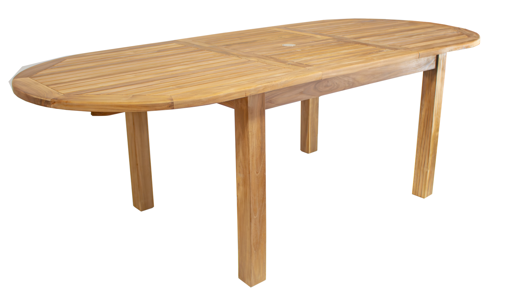 Teak Ausziehtisch – Serie Dresden – oval 180–240 x 100 cm mit 8×8 cm Tischbeinen
