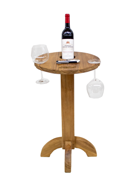 Weintisch aus Teak mit 2 Glashalter und 1 Flaschenhalter ⌀ 38cm Weintisch aus Teak mit 2 Glashalter und 1 Flaschenhalter ⌀ 38cm