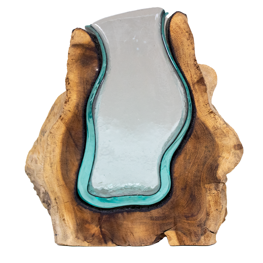 "Vase im Holz" Mundgeblasenes Glas auf Wurzelholz - LxBxH 22 x 8 x 22 cm "Vase im Holz" Mundgeblasenes Glas auf Wurzelholz - LxBxH 22 x 8 x 22 cm