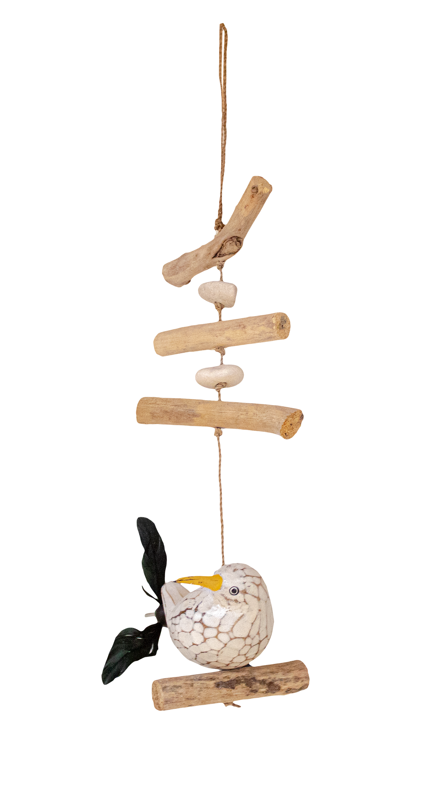 Windspiel Möwe mit Federn als Propeller und Strandgut Windspiel Möwe mit Federn als Propeller und Strandgut